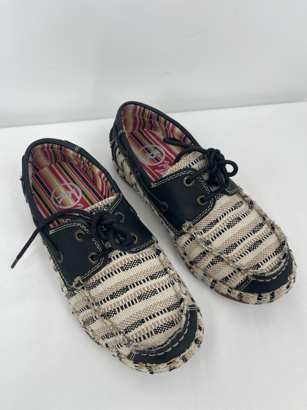 Tony Lama Black and Cream Striped Woven Moccasins WOMENS SIZE 7.5 B